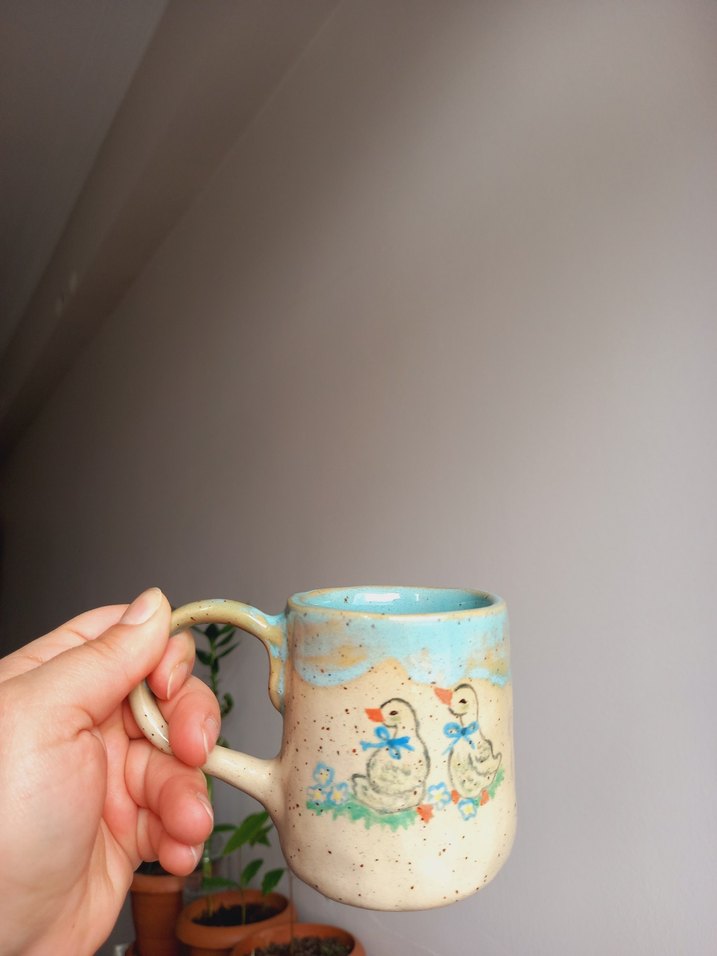 Mavi Pastel Seramik Kupa vintage fincan ördekli fincan stoneware - Görsel 5