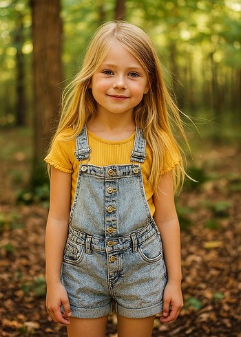 Kız Çocuk Gri Denim Kısa Tulum