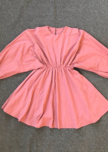 Pembe Drapeli Uzun Kollu Kız Kadın Elbisesi