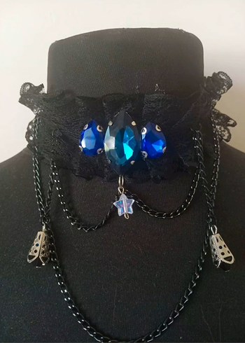 Mavi Taşlı Gotik Zincirli Kadın Kolye