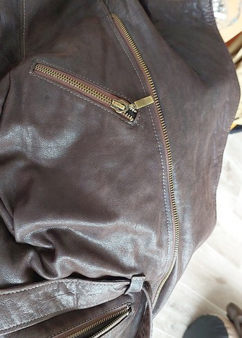 Kahverengi Kemerli Uzun Deri Biker Ceket - Görsel 2