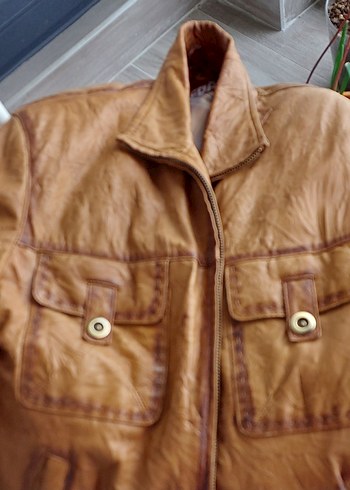 Düğmeli Bej Bohem Deri Ceket - Görsel 3