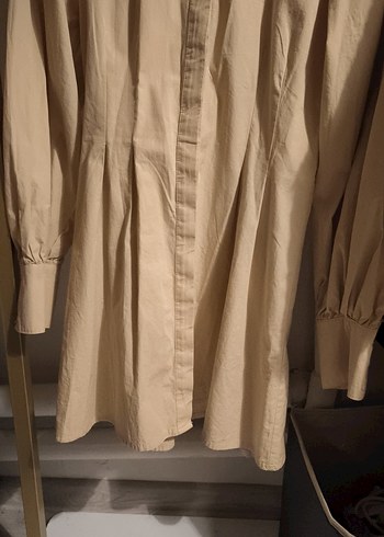 Bej Düğmeli  pamuklu Gömlek elbise - Görsel 3