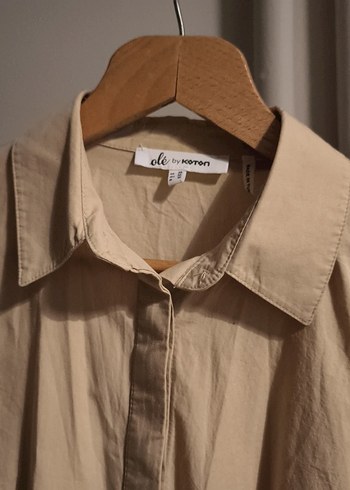 Bej Düğmeli  pamuklu Gömlek elbise - Görsel 4