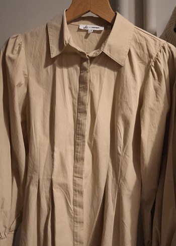 Bej Düğmeli  pamuklu Gömlek elbise - Görsel 2