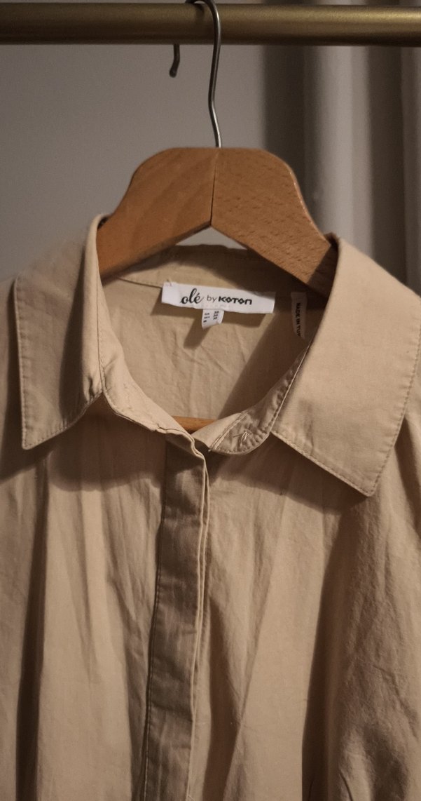 Bej Düğmeli  pamuklu Gömlek elbise - Görsel 4