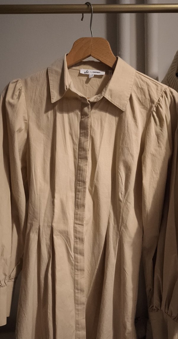 Bej Düğmeli  pamuklu Gömlek elbise - Görsel 2