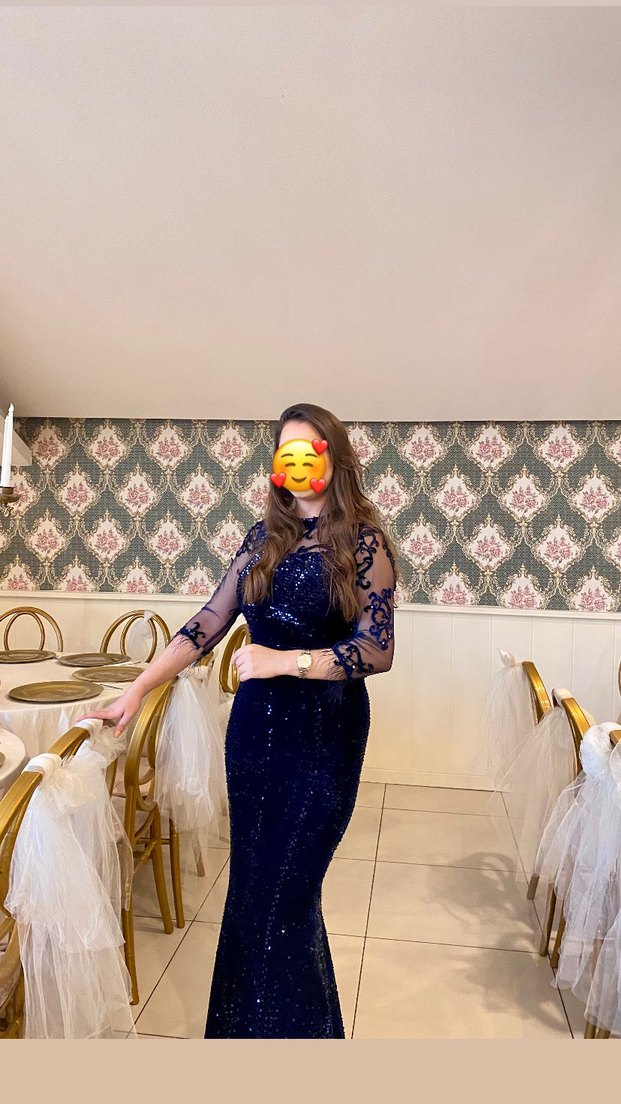 Dantel Detaylı Uzun Lacivert Abiye Elbise - Görsel 2