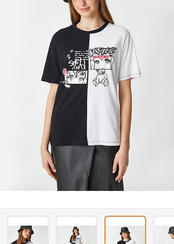 Siyah-Beyaz Baskılı Kadın Tişört - Görsel 2