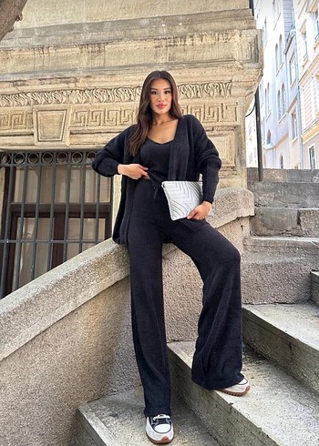 crop hırka pantalon 3'lü triko takım
