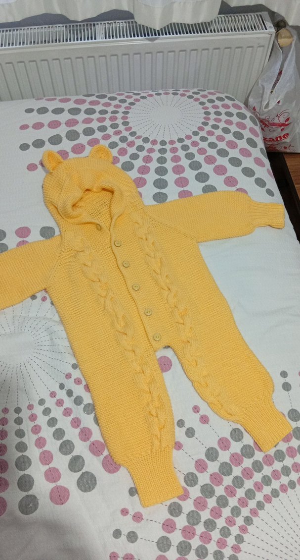 Kapüşonlu Sarı Örgü Bebek Tulumu - Görsel 2