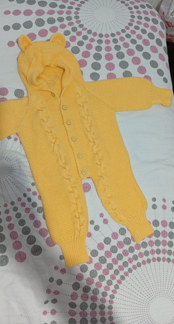 Kapüşonlu Sarı Örgü Bebek Tulumu - Görsel 3
