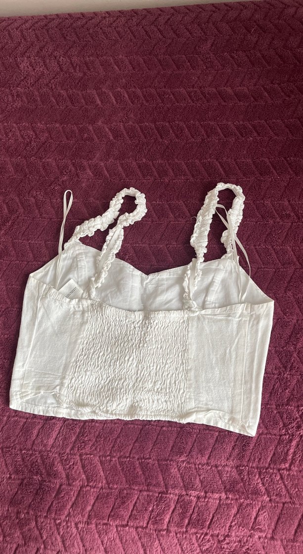 Nakışlı Beyaz Keten Büstiyer - Görsel 3