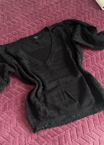 V Yaka Siyah Triko Kadın Kazak - Görsel 2