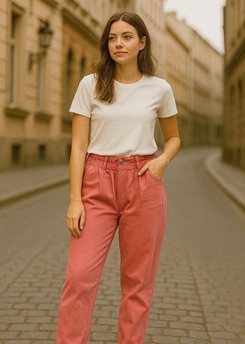 Kadın Pembe Pamuklu Salaş Boyfriend Pantolon - Görsel 2