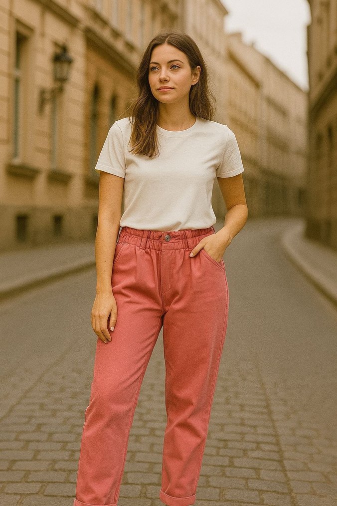 Kadın Pembe Pamuklu Salaş Boyfriend Pantolon - Görsel 2