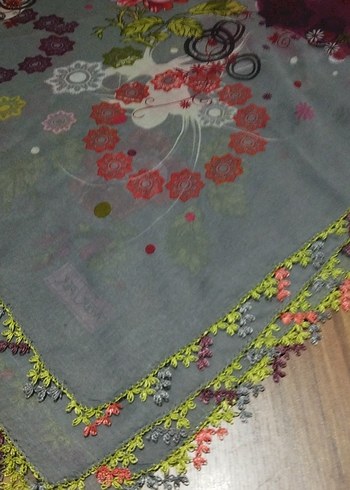 Gri Çok Renkli İğne oyalı Bohem Kadın tülbent - Görsel 4