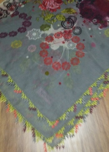 Gri Çok Renkli İğne oyalı Bohem Kadın tülbent - Görsel 2