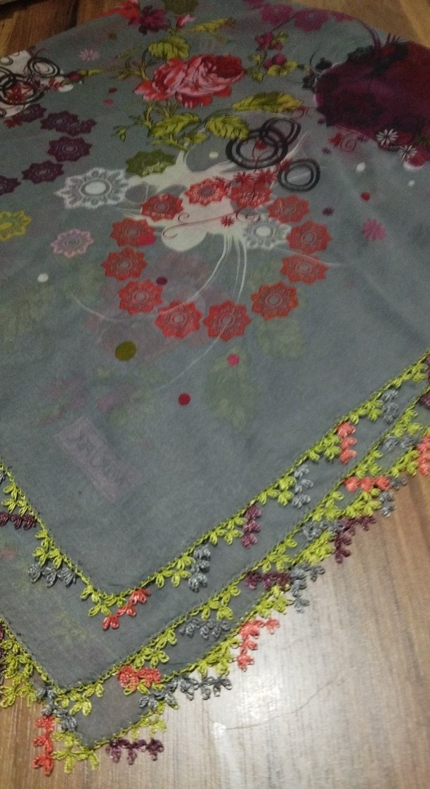 Gri Çok Renkli İğne oyalı Bohem Kadın tülbent - Görsel 4