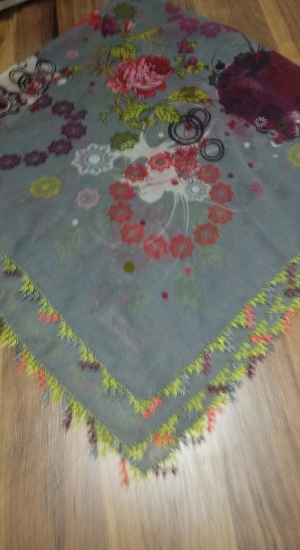 Gri Çok Renkli İğne oyalı Bohem Kadın tülbent - Görsel 2