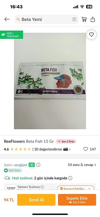 Beden 2 Adet Artemia ve Beta yemi