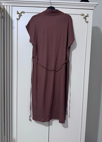 Drapeli Kahverengi Keten Uzun Elbise - Görsel 2