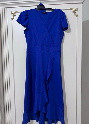 Kadın Mavi V Yaka Drapeli Uzun Elbise - Görsel 2