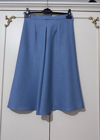 Düğmeli Mavi Midi Keten Etek - Görsel 3