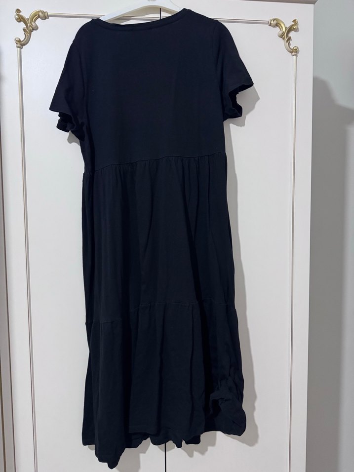 Siyah V Yakalı Bohem Uzun Keten Elbise - Görsel 2