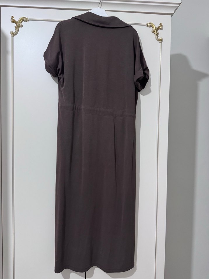 Düğmeli Kahverengi Kadın Uzun Elbise - Görsel 2