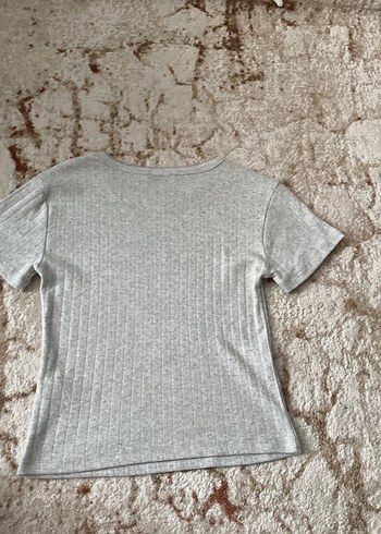 Gri Kısa Kollu Keten Tişört - Görsel 4