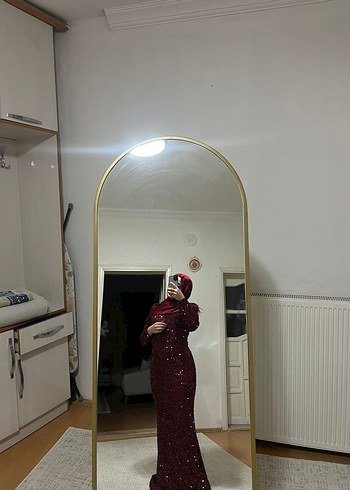 Bordo Uzun Kollu Drapeli Abiye Elbise - Görsel 2