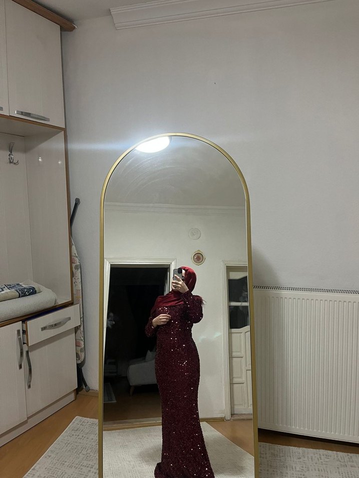 Bordo Uzun Kollu Drapeli Abiye Elbise - Görsel 2