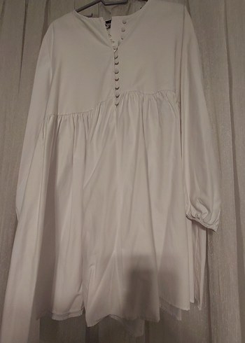 Düğmeli Beyaz Keten Midi Tunik - Görsel 3