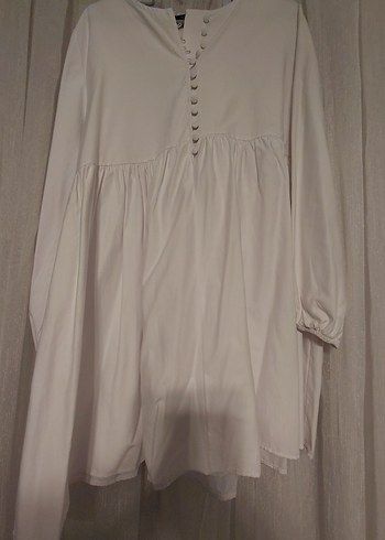 Düğmeli Beyaz Keten Midi Tunik - Görsel 2