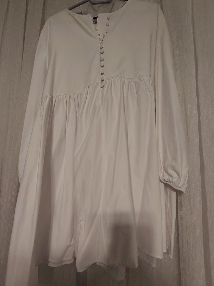 Düğmeli Beyaz Keten Midi Tunik - Görsel 3