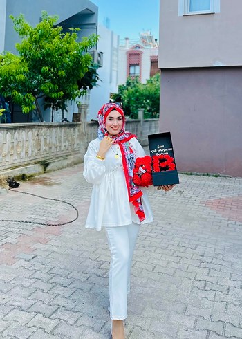 Pamuklu Etnik Desenli Beyaz Kadın Takım