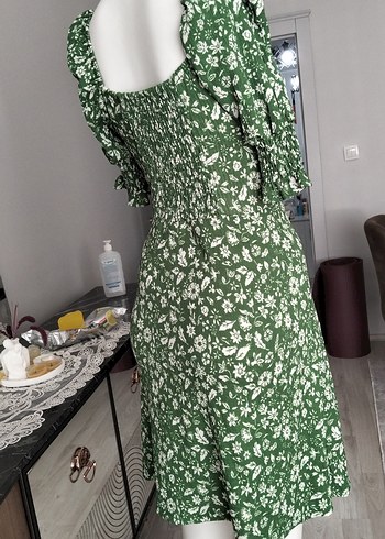 Yeşil V Yaka Bohem Midi Elbise