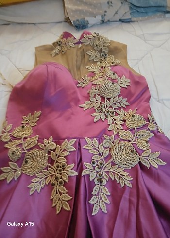 Uzun Mor Drapeli Straplez Abiye Elbise - Görsel 4