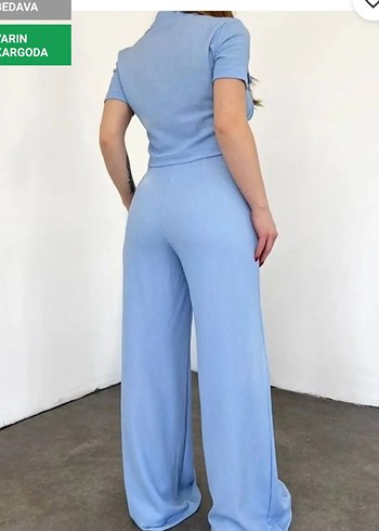 l Beden Mavi Denim Kısa Kollu takım