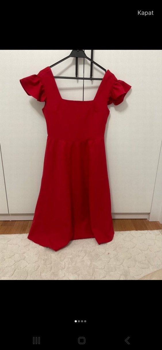 Kırmızı Midi Boy Fırfırlı Kadın Elbise - Görsel 3