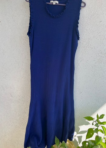 Koyu Mavi, Fırfırlı, Uzun Triko Elbise - Görsel 2