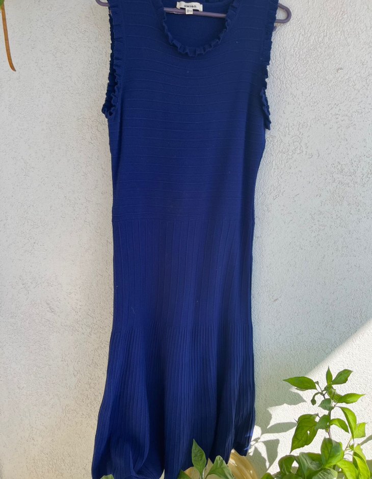 Koyu Mavi, Fırfırlı, Uzun Triko Elbise - Görsel 2