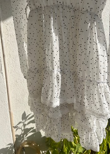 V Yaka Uzun Kollu Beyaz Puantiyeli Midi Elbise - Görsel 7