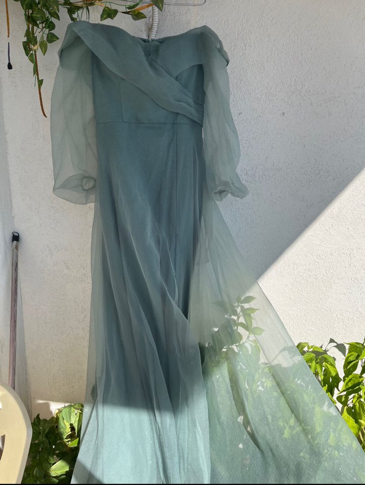 Su yeşili kayık kaya Uzun Abiye Elbise - Görsel 3