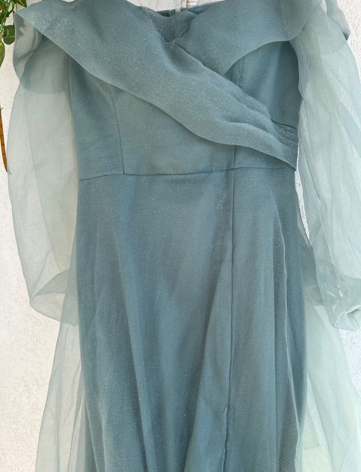 Su yeşili kayık kaya Uzun Abiye Elbise - Görsel 4