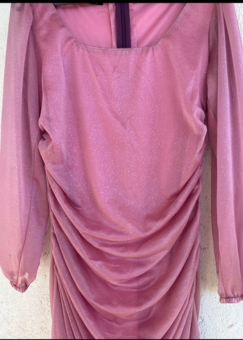 Pembe midi Drapeli Kadın Abiye Elbise - Görsel 2