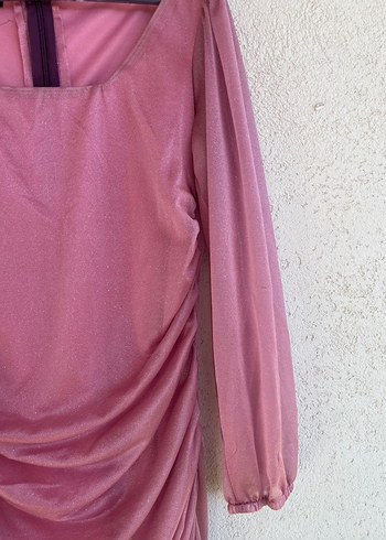 Pembe midi Drapeli Kadın Abiye Elbise - Görsel 3