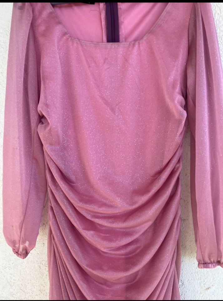 Pembe midi Drapeli Kadın Abiye Elbise - Görsel 2