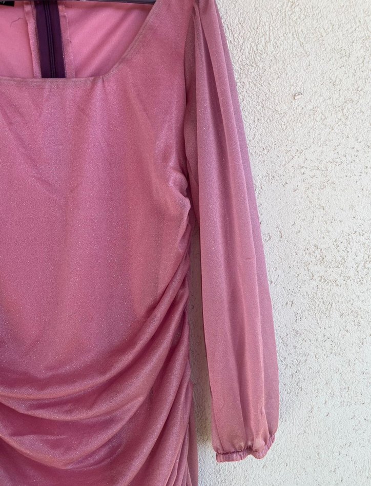 Pembe midi Drapeli Kadın Abiye Elbise - Görsel 3